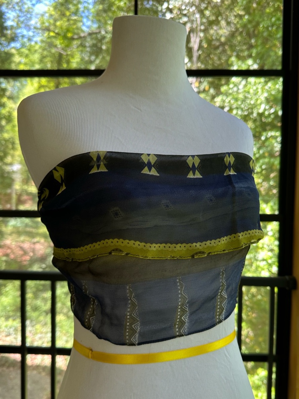Chico’s Silk Oblong Scarf Artsy Boho Royal Blue & Lime Green Colorblock Designs - Picture 5 of 17